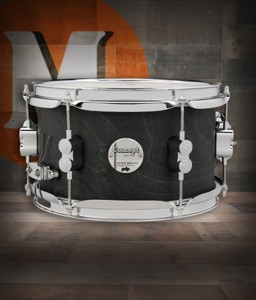 PDP Concept Series 6x10 Black Wax Maple Snare Drum in Satin Black finish with chrome hardware, offering warm maple tone and tight, responsive attack.