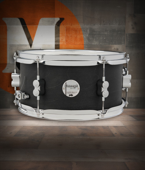 PDP Concept Series 6x12 Black Wax Maple Snare Drum in Satin Black finish with chrome hardware, offering warm maple tone and tight, responsive projection.