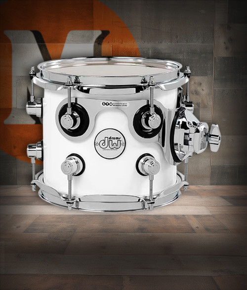 DW Design Series 7x8 Maple Suspended Tom in Gloss White Lacquer with chrome hardware and maple shell construction â€“ Musician Madness