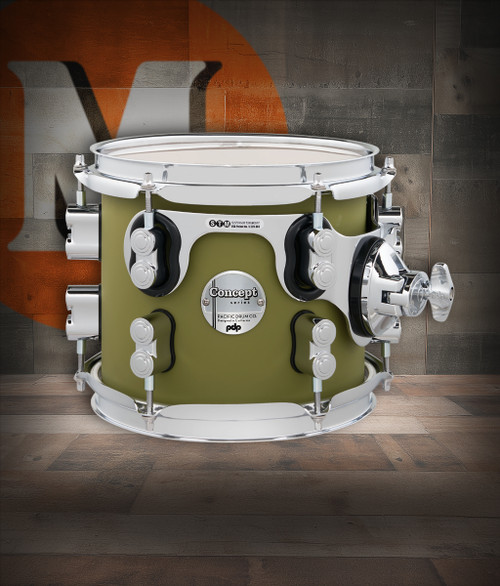 PDP Concept Maple 7x8 Suspended Tom in Satin Olive Finish Ply with chrome hardware and maple shell - modern tone and stylish finish - Musician Madness