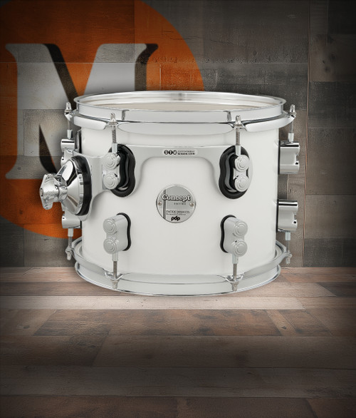 PDP Concept Maple 8x10 Suspended Tom in Pearlescent White Lacquer with chrome hardware and maple shell – bright tone and elegant finish – Musician Madness