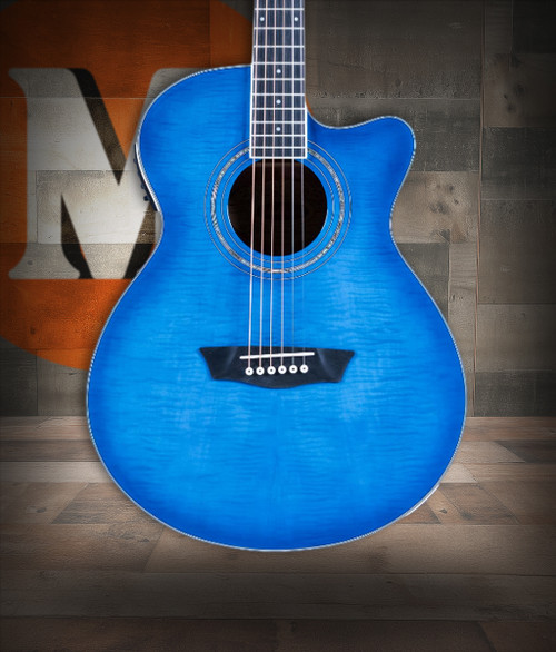 Washburn EA15 Festival Series Mini Jumbo Cutaway Acoustic-Electric Guitar â€“ Flame Transparent Blue (EA15TBL-U)