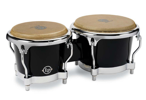 Latin Percussion LP 7-1/4" and 8-5/8" Fiberglass Bongos – Black with Chrome Plated Hardware (LP200XF-BK) – durable fiberglass bongos delivering bright tone and projection, available at Musician Madness.