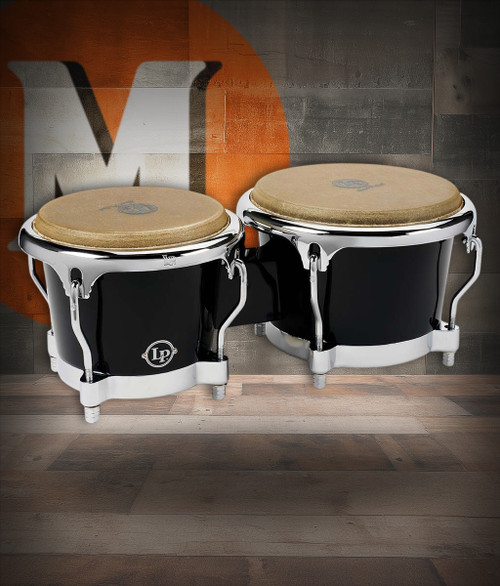 Latin Percussion LP 7-1/4" and 8-5/8" Fiberglass Bongos - Black with Chrome Plated Hardware (LP200XF-BK) | Musician Madness