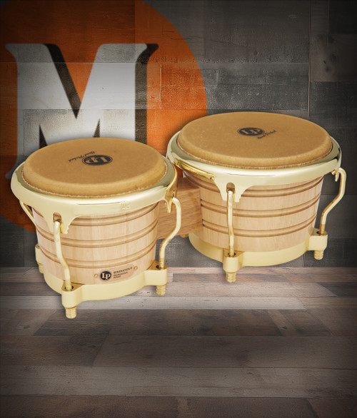 Latin Percussion LP 7-1/4" and 8-5/8" Generation II Bongos â€“ Natural Finish with Gold Hardware (LP201AX-2AW) â€“ handcrafted LP bongos with oak shells and premium tone, available at Musician Madness.