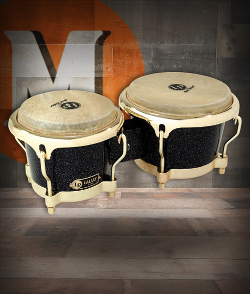 Latin Percussion LP Galaxy 7-1/4"â€“8-5/8" Fiberglass Bongos â€“ Black with Gold Hardware (LP794X) â€“ powerful, premium LP bongos crafted for projection, available at Musician Madness.