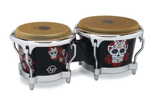 Latin Percussion LP Karl Perazzo Signature CCII 7-1/4"-8-5/8" Fiberglass Bongos - Skull Artwork with Chrome Hardware (LP794X-KP) - signature LP bongos with high projection, available at Musician Madness.
