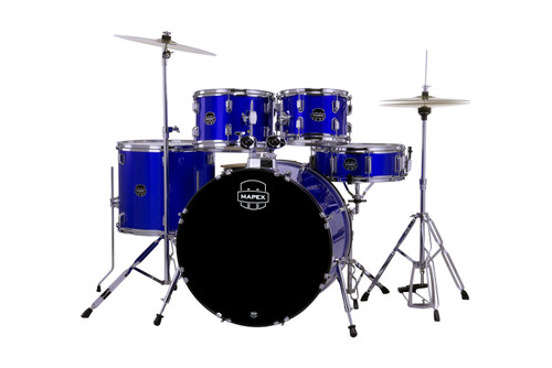 Mapex CM5294FTCIB Comet 5-Piece Drum Set with 22â€ bass drum in Indigo Blue, complete with hardware and cymbals.