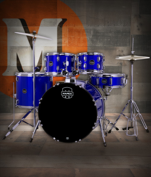Mapex CM5294FTCIB Comet 5-Piece Drum Set with 22â€ bass drum in Indigo Blue, complete with hardware and cymbals.