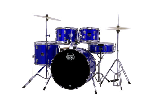 Mapex CM5044FTCIB Comet 5-Piece Drum Set with 20â€ bass drum in Indigo Blue, complete with hardware and cymbals.