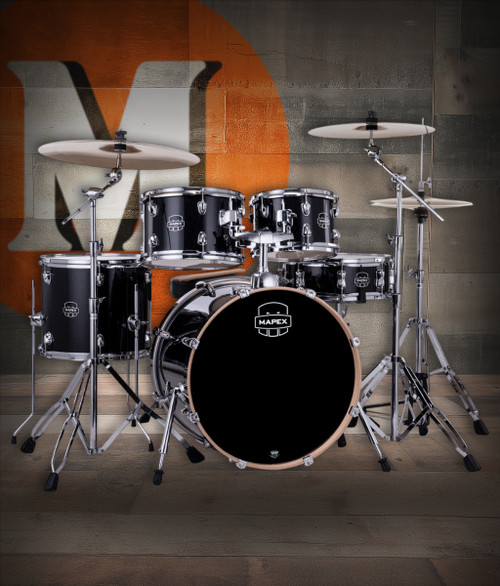 Mapex VE5045FTCVH Venus 5-Piece Fusion Drum Set in Black Galaxy Sparkle with hardware and cymbals.