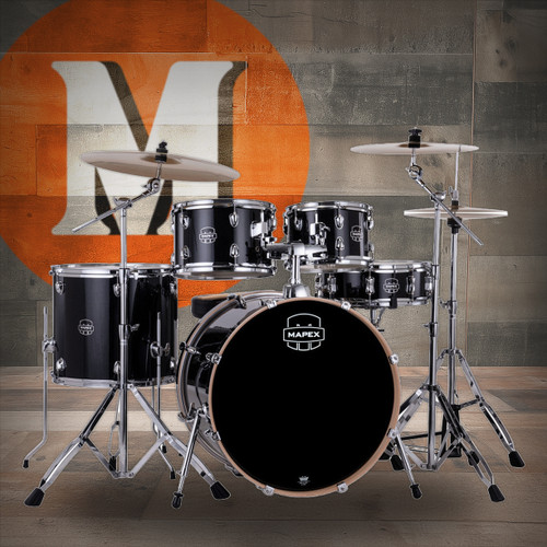 Mapex VE5295FTCVH Venus 5-Piece Rock Drum Set in Black Galaxy Sparkle with hardware and cymbal pack.