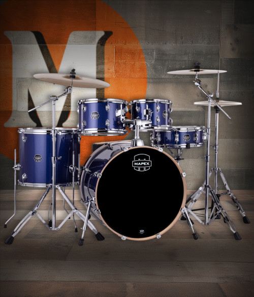 Mapex VE5295FTCVI Venus 5-Piece Rock Drum Set in Blue Sky Sparkle with hardware and cymbal pack.