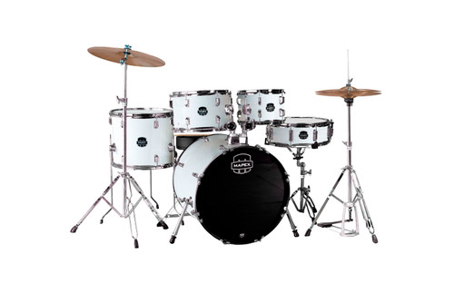 Mapex CM5844FTCFH Comet 5-Piece Drum Set with 18” bass drum in White Thin Grain finish, complete with hardware and cymbals.