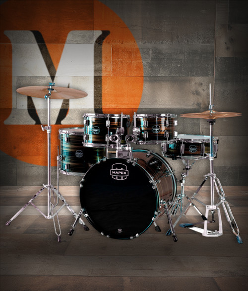 Mapex CM5844FTCFJ Comet 5-Piece Drum Set with 18” bass drum in Ebony Yellow Grain finish, complete with hardware and cymbals.
