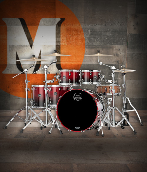 Mapex SR628XURQ Saturn Studioease 5-Piece Shell Pack in Scarlet Fade finish, no snare included.