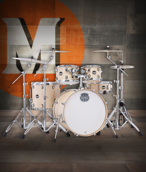 Mapex Mars Maple Rock Shell Pack in Natural Satin featuring 100% maple shells, SONIClear bearing edges, focused punchy tone, and durable hardware ideal for rock players.