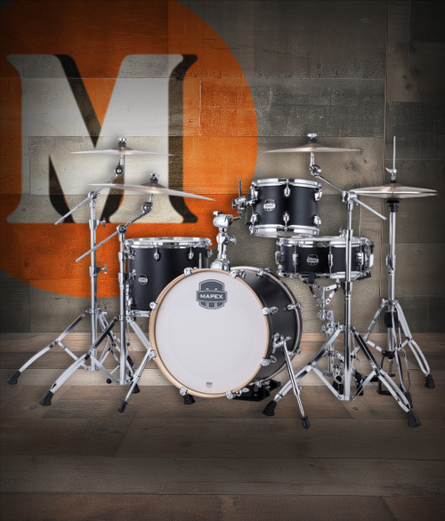 Mapex Mars Maple Bop Shell Pack in Matte Black featuring 100% maple shells, compact jazz-style sizes, SONIClear bearing edges, and punchy articulation ideal for smaller venues.