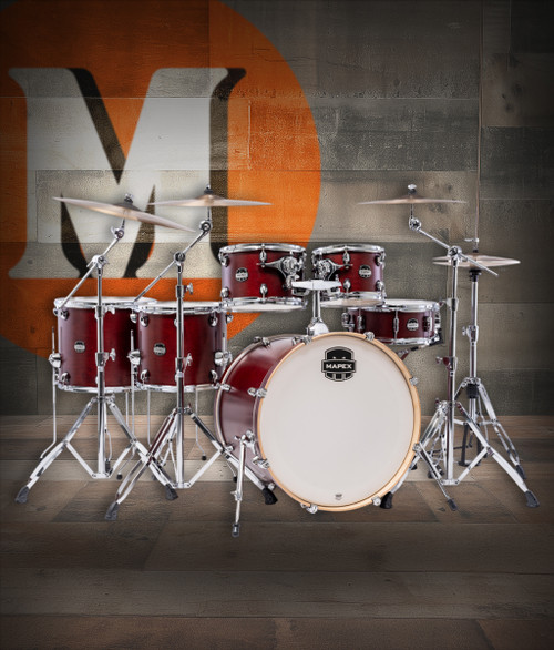Mapex Mars Maple Studioease Shell Pack in Merlot Satin featuring 100% maple shells, versatile Studioease configuration, SONIClear bearing edges, and balanced tone suited for studio musicians.