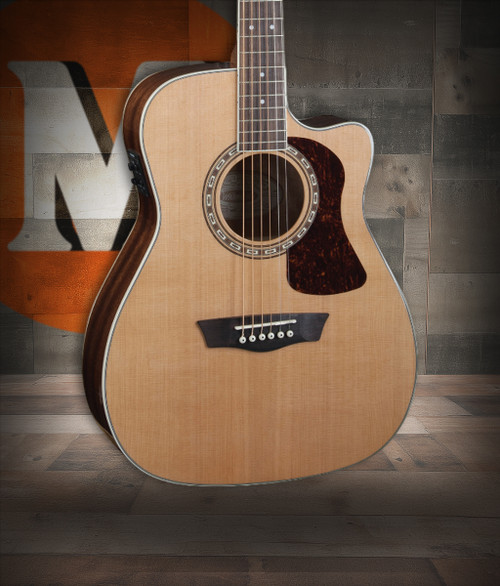 Washburn F11SCE Heritage 10 Series Acoustic-Electric Guitar in Natural featuring a solid spruce top, folk cutaway design, natural finish, and onboard electronics for clear, expressive tone on stage or in the studio.