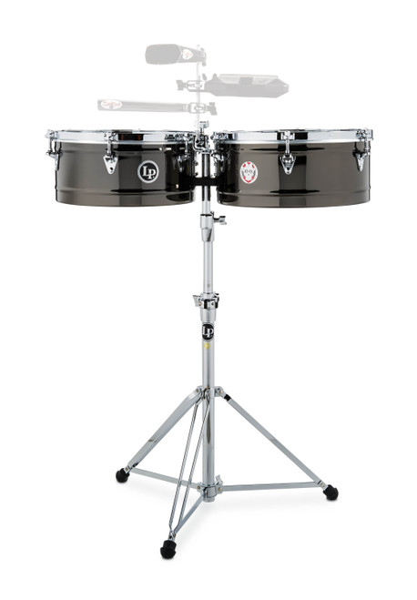 Latin Percussion LP1415-KP Karl Perazzo 14"/15" Timbales featuring black nickel shells, chrome hardware, bright and powerful tone, and signature artist design crafted for advanced Latin and salsa percussionists.