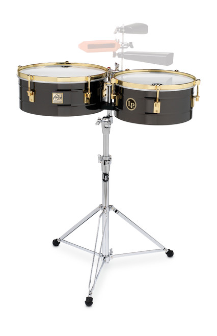 Latin Percussion LP1416-R Fausto Cuevas 14"/16" Timbales featuring striking black nickel and brass-gold shells, premium chrome hardware, powerful projection, and signature LP artist craftsmanship.