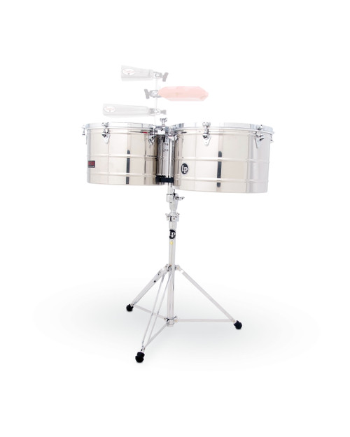 Latin Percussion LP1516-S Prestige 15"/16" Stainless Steel Thunder Timbales featuring polished steel shells, chrome hardware, high-volume projection, and premium construction ideal for advanced Latin jazz and salsa percussionists.