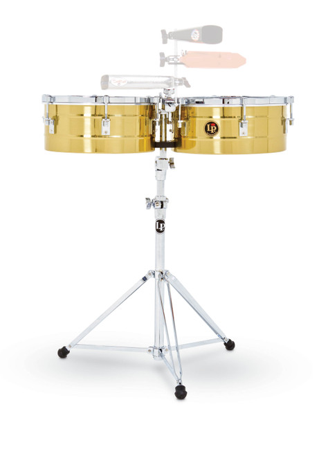 Latin Percussion LP256-B Timbales featuring 13" and 14" polished brass shells, chrome hardware, bright cutting tone, and durable construction suitable for live performance and studio use.