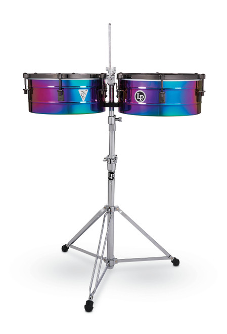 Latin Percussion LP257-TS Tony Succar 14"/15" Signature Timbales featuring vibrant rainbow shells, black nickel hardware, bold projection, and artist-designed tone ideal for salsa, timba, Latin pop, and contemporary percussion.