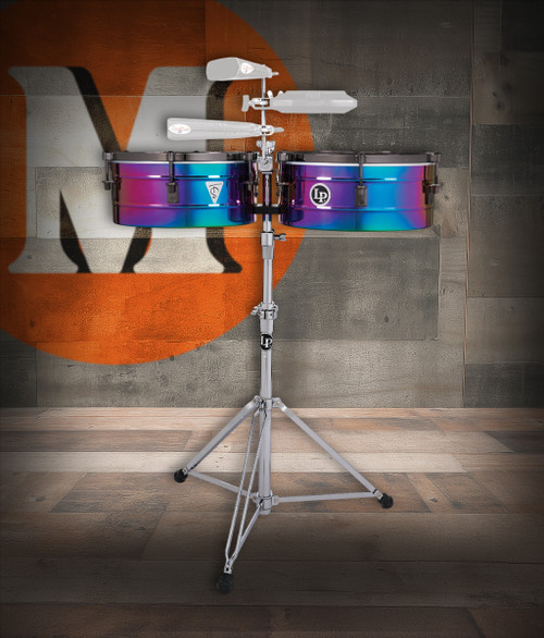 Latin Percussion LP257-TS Tony Succar 14"/15" Signature Timbales featuring vibrant rainbow shells, black nickel hardware, bold projection, and artist-designed tone ideal for salsa, timba, Latin pop, and contemporary percussion.