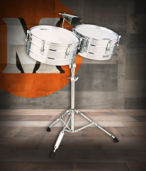 Latin Percussion M257 Matador 14"/15" Timbales featuring polished steel shells, chrome hardware, bright attack, and an included cowbellâ€”ideal for traditional Latin, salsa, and contemporary percussion performance.