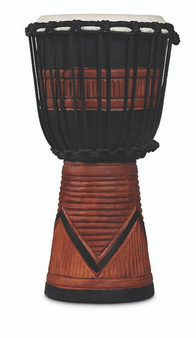 Latin Percussion LP713SB World Beat Wood Art Small Djembe featuring a hand-carved wooden shell, black and brown artistic finish, rope tuning, and warm resonant tone ideal for world percussion and recreational drumming.