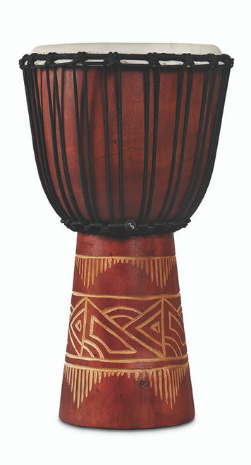 Latin Percussion LP713MR World Beat Wood Art Medium Djembe featuring a carved wooden body, red and natural finish, rope tuning, and resonant tone suitable for recreational drumming and world percussion use.