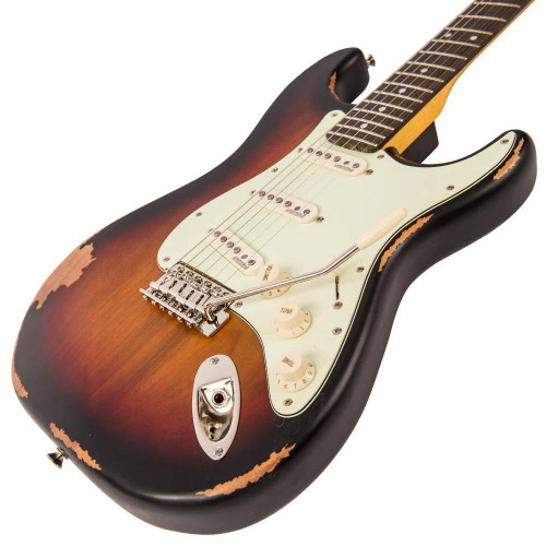 Vintage V6 ICON Electric Guitar in Distressed Sunburst featuring a classic relic-style finish, Wilkinson hardware and pickups, contoured body, smooth-play neck profile, and warm vintage-toned sound.