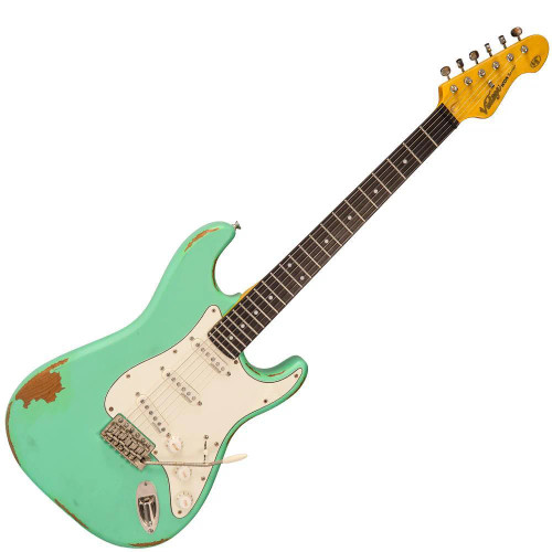 Vintage V6 ICON Electric Guitar in Distressed Ventura Green featuring a relic-style aged finish, Wilkinson hardware and pickups, contoured body, smooth neck profile, and warm vintage-inspired tonal character.