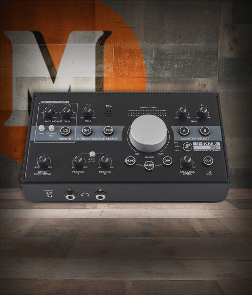 Mackie Big Knob Studio Monitor Controller (BIGKNOBSTUDIO) featuring 3x2 monitor routing, built-in USB audio interface, large volume knob, talkback mic, and comprehensive studio control features.