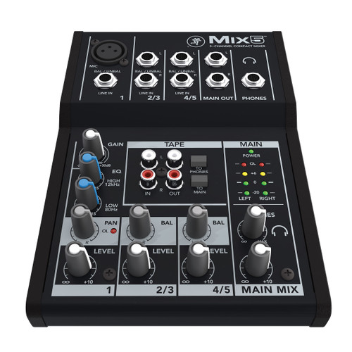 Mackie MIX5 5-Channel Compact Mixer (MIX5) featuring clean preamps, simple level and EQ controls, and a compact, durable design ideal for home studios, rehearsals, and portable mixing needs.