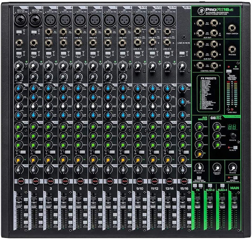 Mackie ProFX16v3 16-Channel Mixer (PROFX16-V3) featuring Onyx mic preamps, built-in digital effects, 2x4 USB recording interface, and extensive routing options for professional live sound and studio applications.