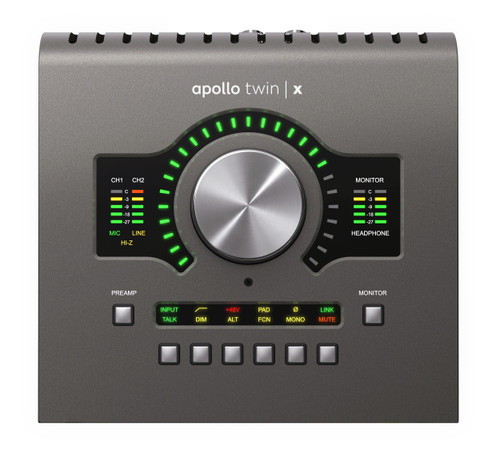 Universal Audio Apollo Twin X Duo USB Recording Interface – Heritage Edition (UA-APLTWXDU-HE-U) featuring Unison mic preamps, onboard UAD-2 Duo processing, premium AD/DA conversion, and USB connectivity for professional studio recording.