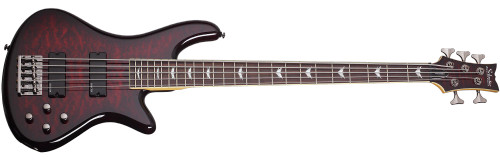 Schecter Stiletto Extreme-5 – Black Cherry (2502) featuring active EQ electronics, sculpted body, high-output pickups, and a flamed carved top finished in rich Black Cherry for powerful modern bass performance.