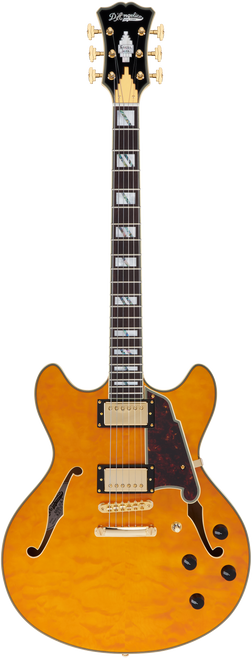 Dâ€™Angelico Excel DC XT - Vintage Natural Quilt (DAEDCXTQVNATGS) featuring a quilted maple top, semi-hollow double-cut body, Seymour Duncan pickups, and an elegant Vintage Natural finish crafted for expressive, premium tone.