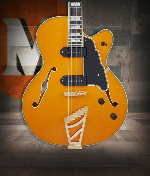 DÃ¢â‚¬â„¢Angelico Excel 59 - Vintage Natural (DAE59VNATGT) featuring semi-hollow body design, Seymour Duncan pickups, elegant Vintage Natural finish, and premium Excel craftsmanship for warm, expressive tone.