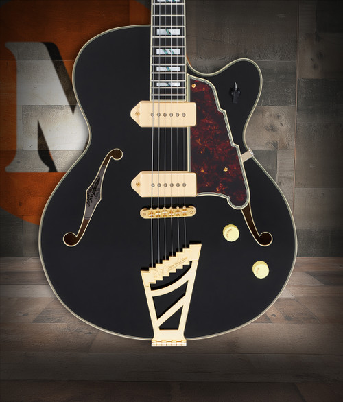 Dâ€™Angelico Excel 59 - Satin Black 2 (DAE59SBK2GT) featuring semi-hollow construction, Seymour Duncan pickups, smooth Satin Black finish, and refined Excel craftsmanship for warm, articulate jazz, blues, and classic rock tones.