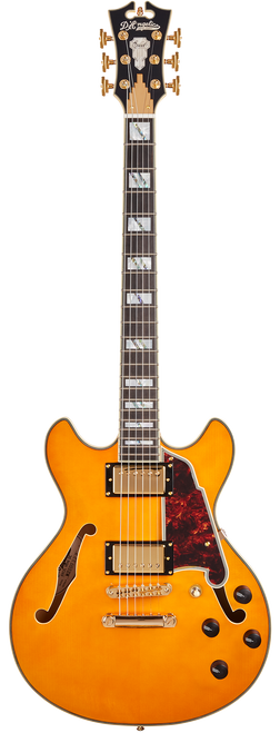 Dâ€™Angelico Excel Mini DC - Vintage Natural (DAEMINIDCVNATGS) featuring a compact semi-hollow body, Seymour Duncan pickups, and a classic Vintage Natural finish designed for expressive, versatile playing.