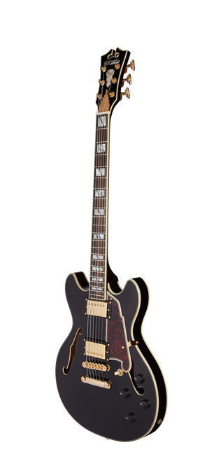 Dâ€™Angelico Excel Mini DC - Satin Black (DAEMINIDCSBKGS) featuring a compact semi-hollow body, Seymour Duncan pickups, and a smooth Satin Black finish for expressive and versatile modern tone.