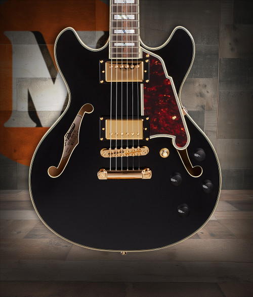 DÃ¢â‚¬â„¢Angelico Excel Mini DC - Satin Black (DAEMINIDCSBKGS) featuring a compact semi-hollow body, Seymour Duncan pickups, and a smooth Satin Black finish for expressive and versatile modern tone.
