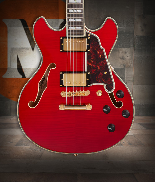 DÃ¢â‚¬â„¢Angelico Excel Mini DC - Trans Cherry (DAEMINIDCTCHGS) featuring a compact semi-hollow body, Seymour Duncan pickups, and a bold Trans Cherry finish for expressive and versatile performance.