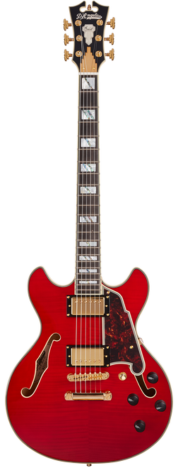 Dâ€™Angelico Excel Mini DC - Trans Cherry (DAEMINIDCTCHGS) featuring a compact semi-hollow body, Seymour Duncan pickups, and a bold Trans Cherry finish for expressive and versatile performance.