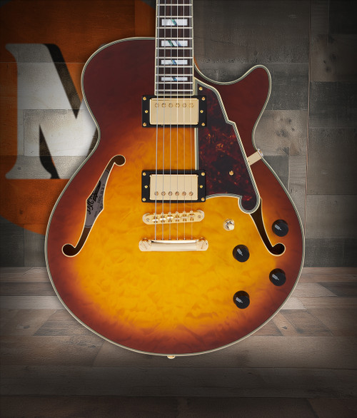DÃ¢â‚¬â„¢Angelico Excel SS XT - Iced Tea Burst Quilt (DAESSXTQITBGS) featuring a quilted maple top, semi-hollow single-cut body, Seymour Duncan pickups, and premium Iced Tea Burst finish for expressive jazz, blues, and rock tones.
