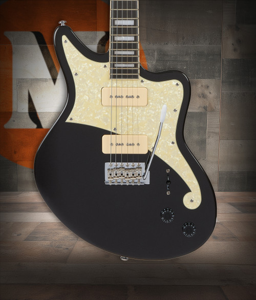 DÃ¢â‚¬â„¢Angelico Premier Bedford - Black Flake (DAPBEDBLFCTR) featuring an offset body design, versatile pickup configuration, and a bold Black Flake finish for modern rock and alternative tones.